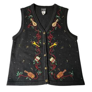 Vtg Southern Lady Womens Sweater Vest M Black Music Notes Trumpet Drum Christmas